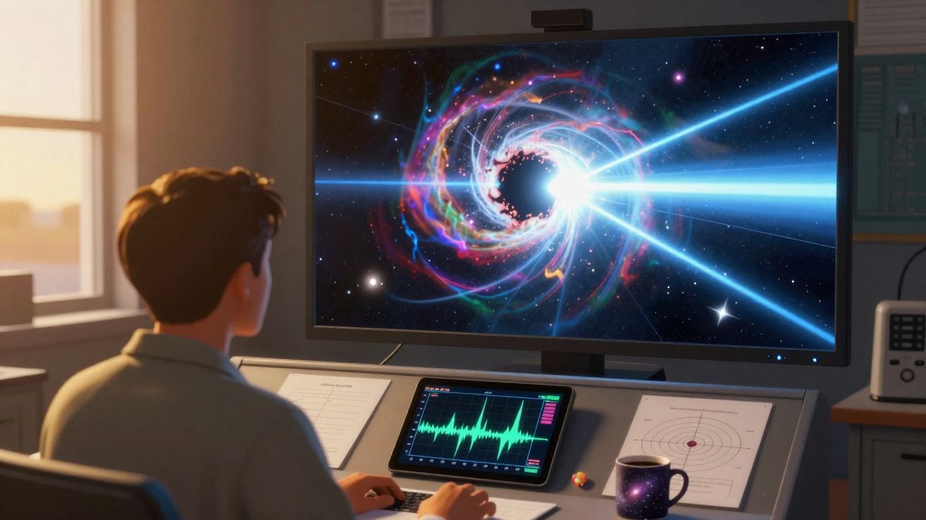 Pessoa observando buraco negro com jatos de luz em tela de computador em ambiente de trabalho com gráficos e documentos.