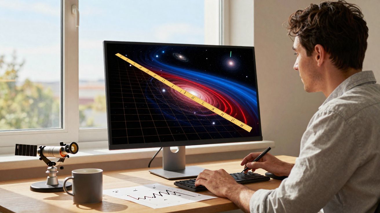 Homem usando computador com imagem de galáxias e régua digital na tela, junto a telescópio na mesa.