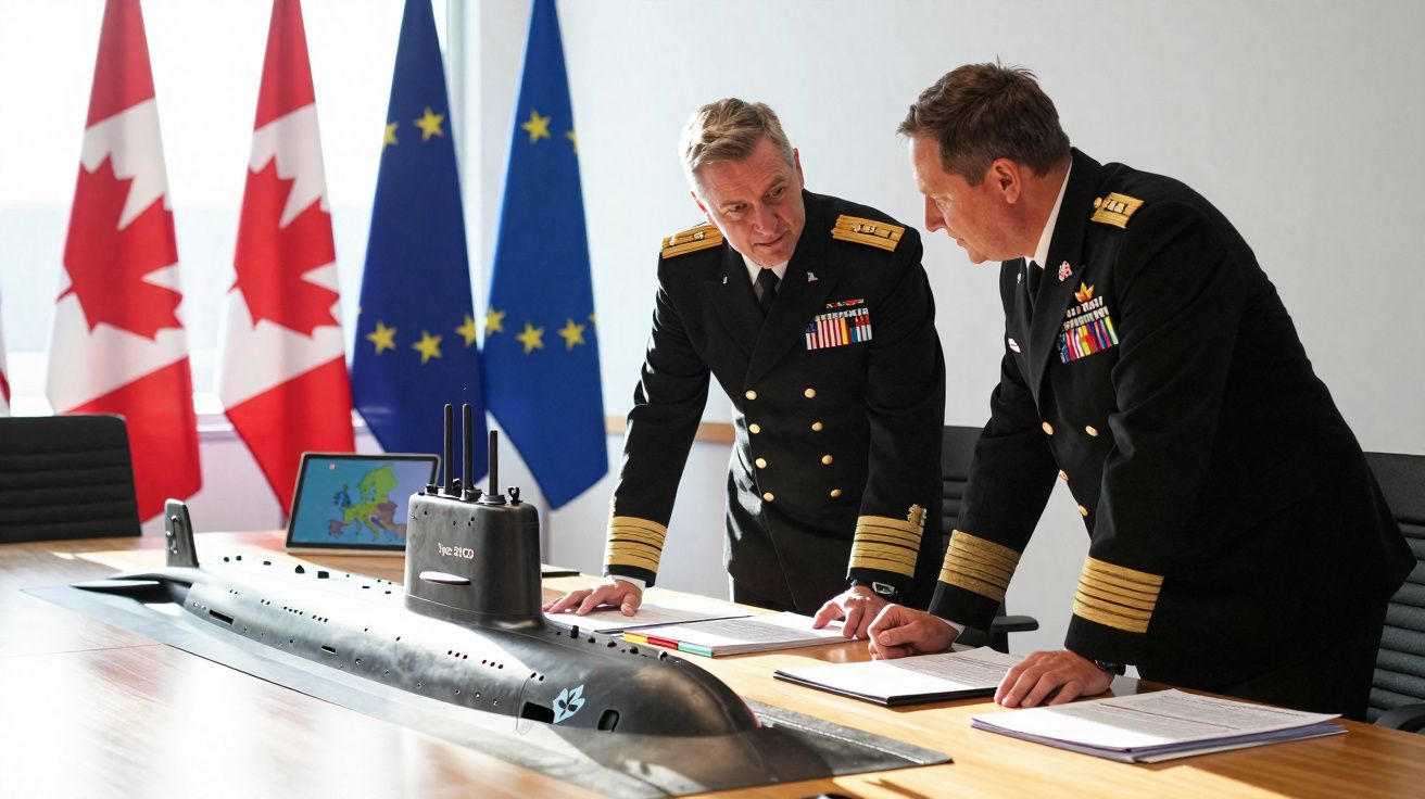 Dois oficiais navais em uniformes discutem documentos ao lado de modelo de submarino em sala com bandeiras do Canadá e União 