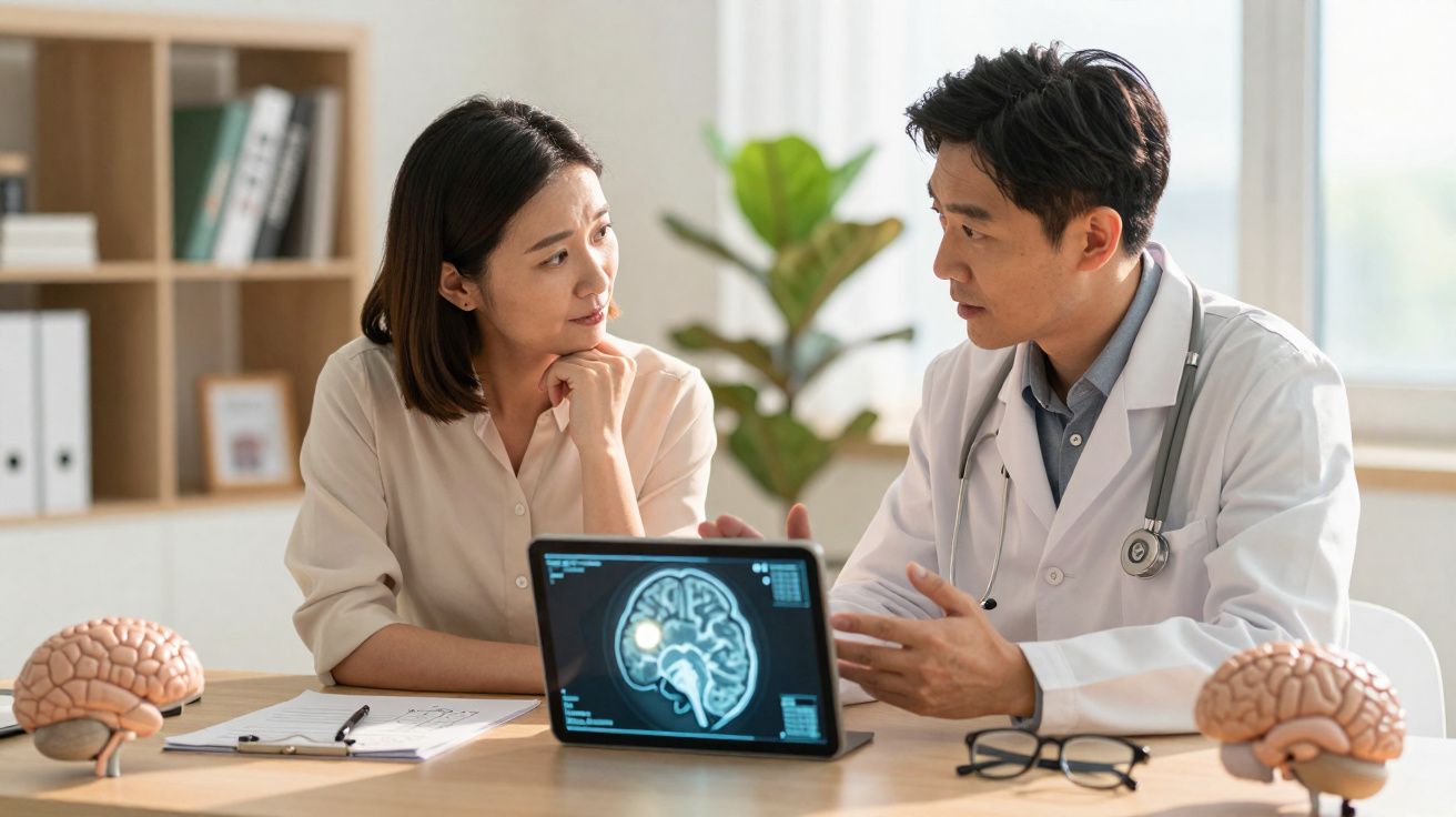 Médico explicando exames de cérebro para paciente em consultório com dois modelos anatômicos de cérebro na mesa.