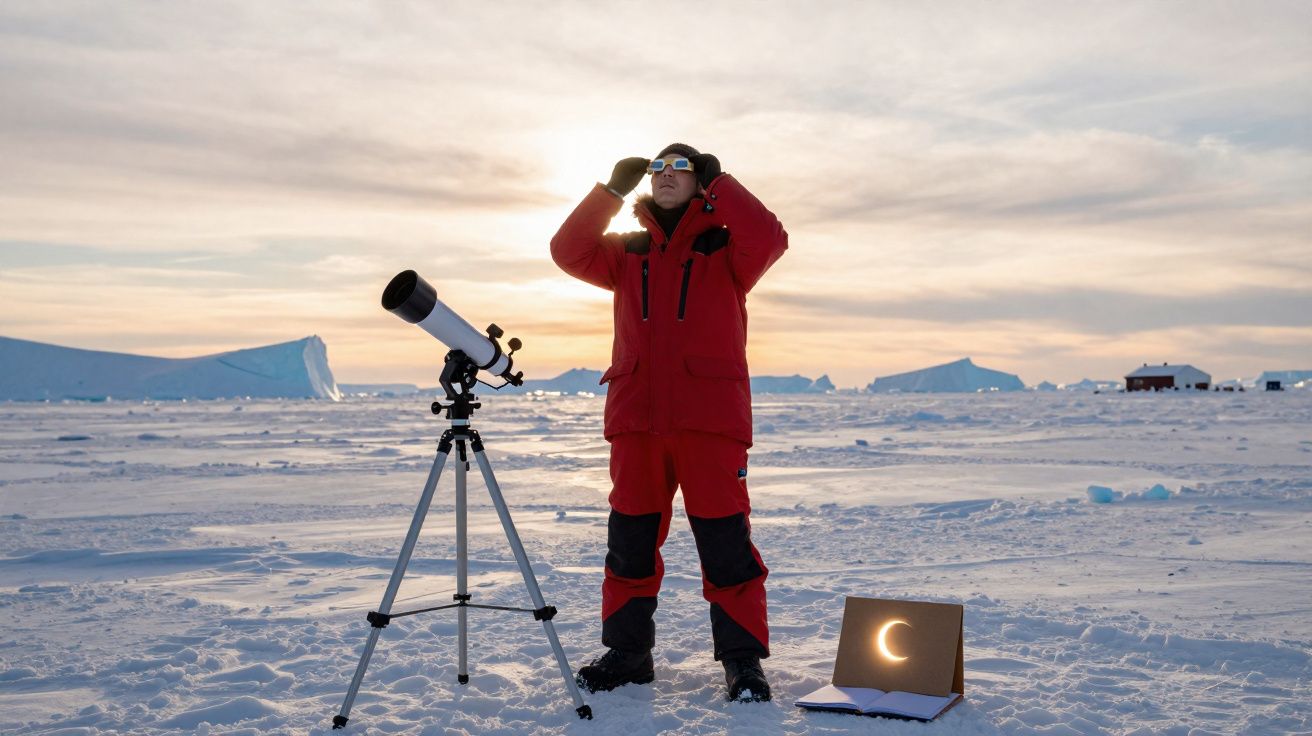Pessoa com vestimenta vermelha observa eclipse solar com telescópio na paisagem de neve e gelo ao entardecer.