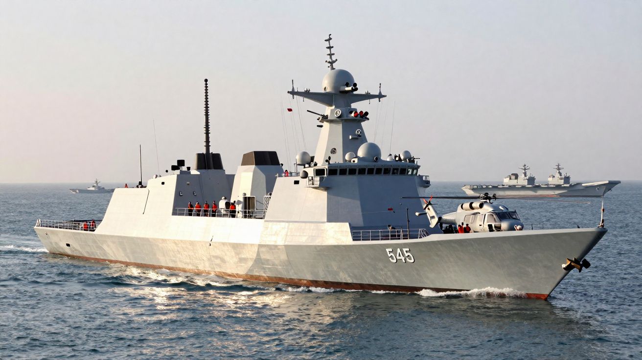 Fragata naval cinza com número 545 e helicóptero no convés navegando em mar calmo com outros navios ao fundo.
