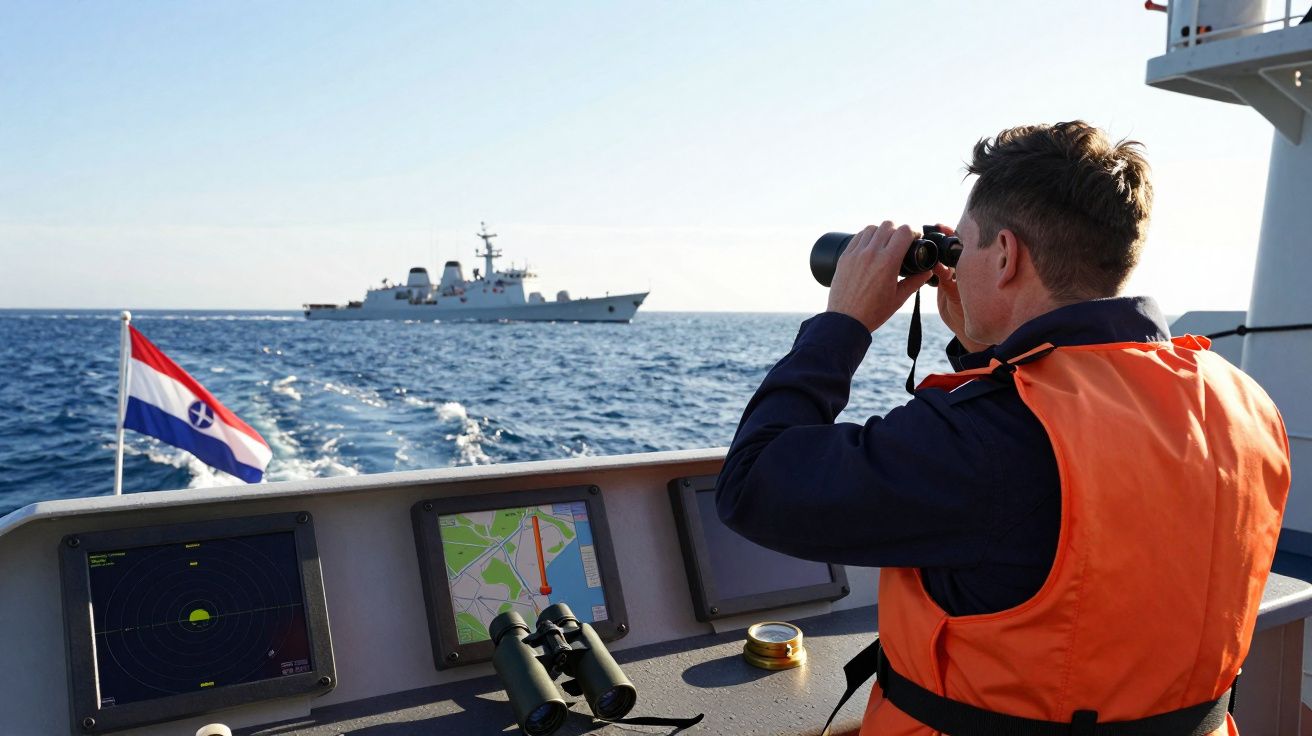 Marinheiro em colete laranja observa com binóculos navio militar no mar durante o dia.