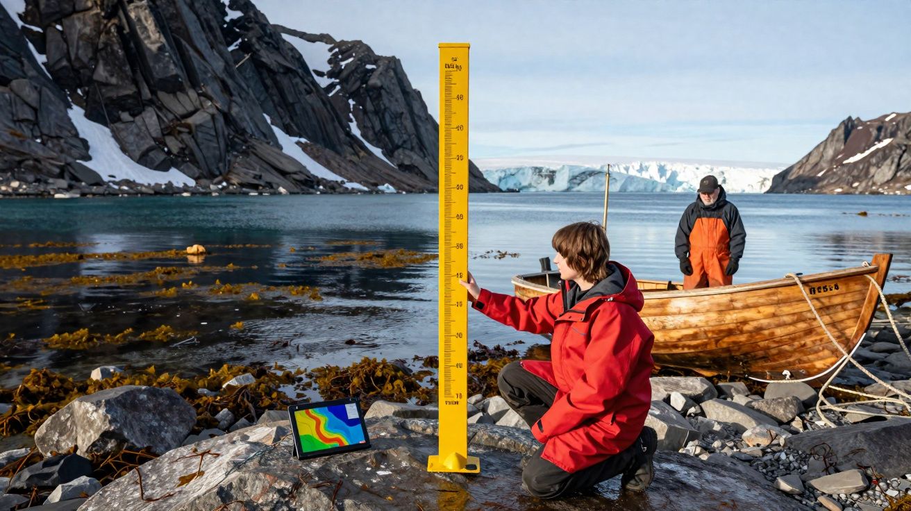 Pessoa em roupa vermelha mede coluna de água perto de barco de madeira em costa rochosa com montanhas e gelo.