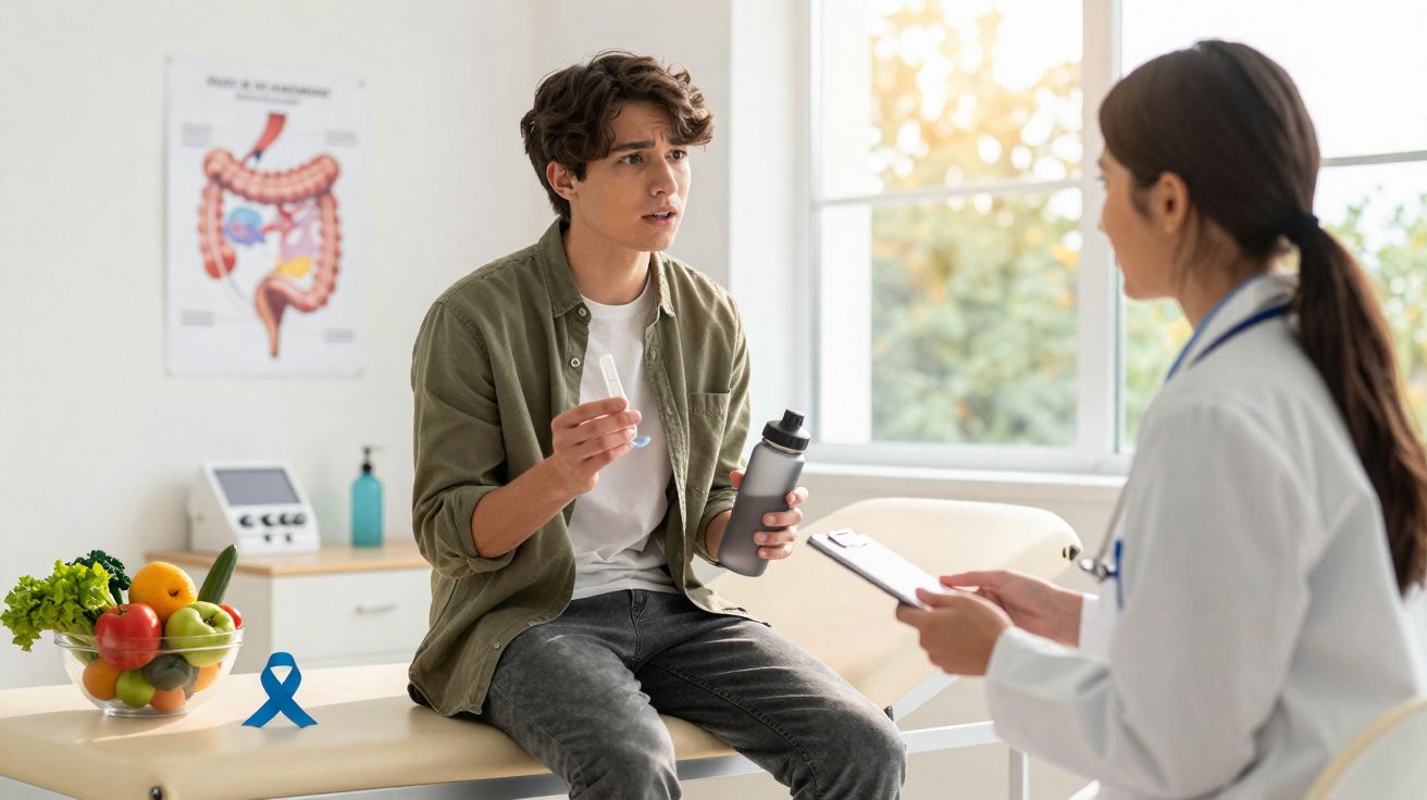 Paciente conversa com médica em consultório sobre saúde digestiva, com ilustração de intestino ao fundo.