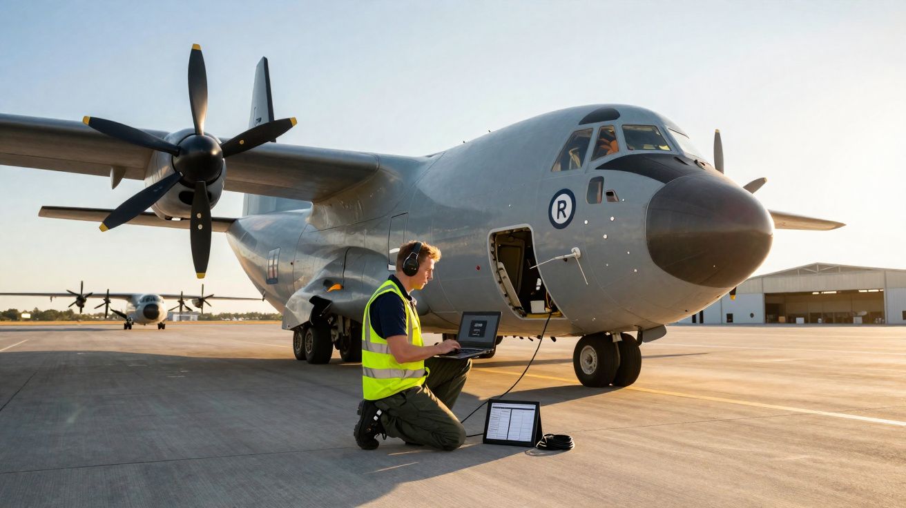 Homem com colete refletivo usa laptop ao lado de avião militar turboélice estacionado em pista de aeroporto.