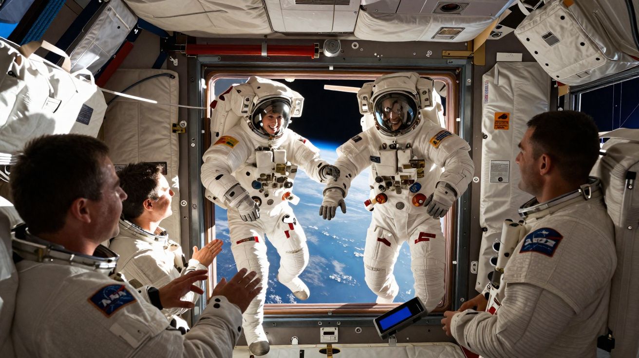 Dois astronautas em trajes espaciais fora da estação espacial, com vista da Terra ao fundo, observados por outros três astron