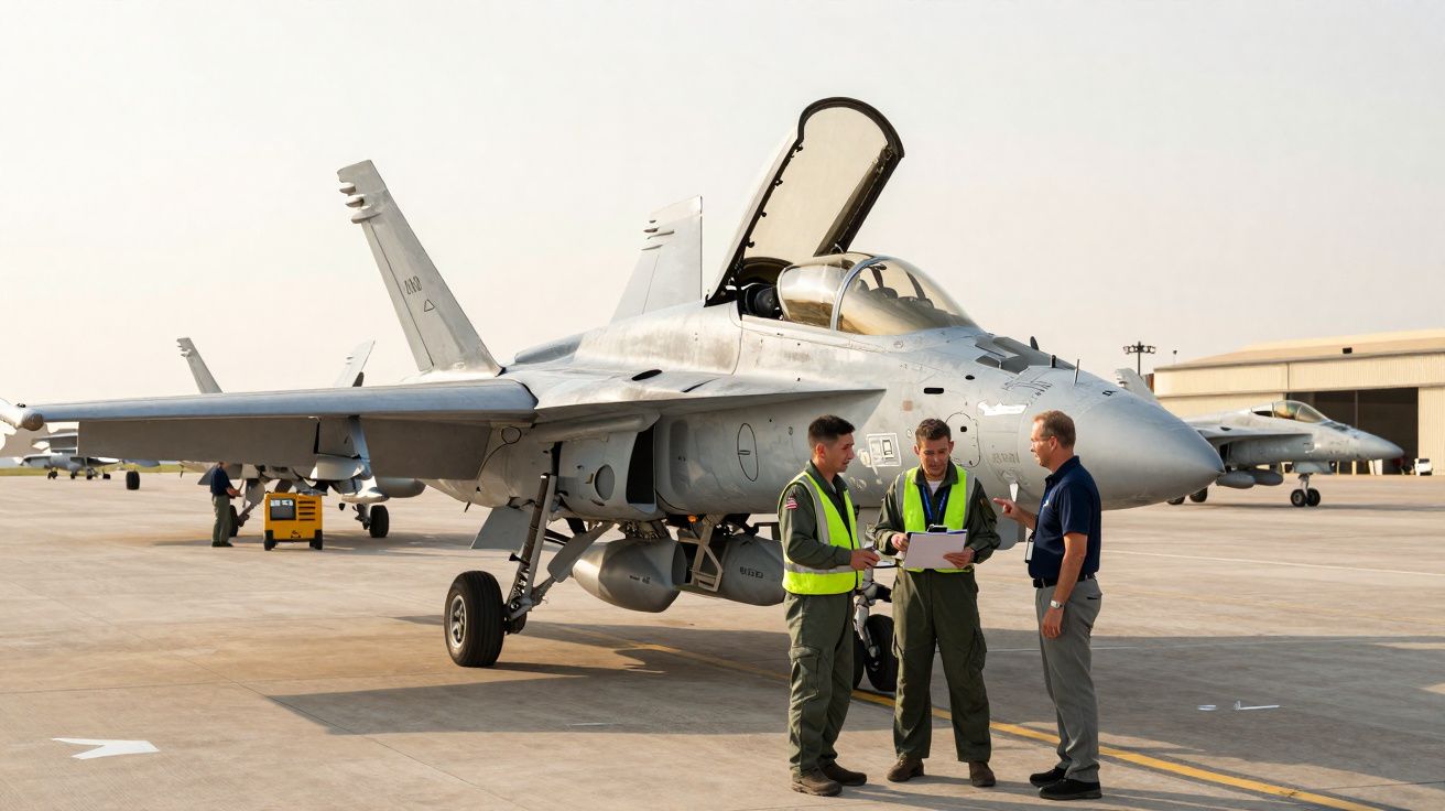 Caça militar estacionado com dois pilotos e um técnico conversando na pista de um aeródromo.