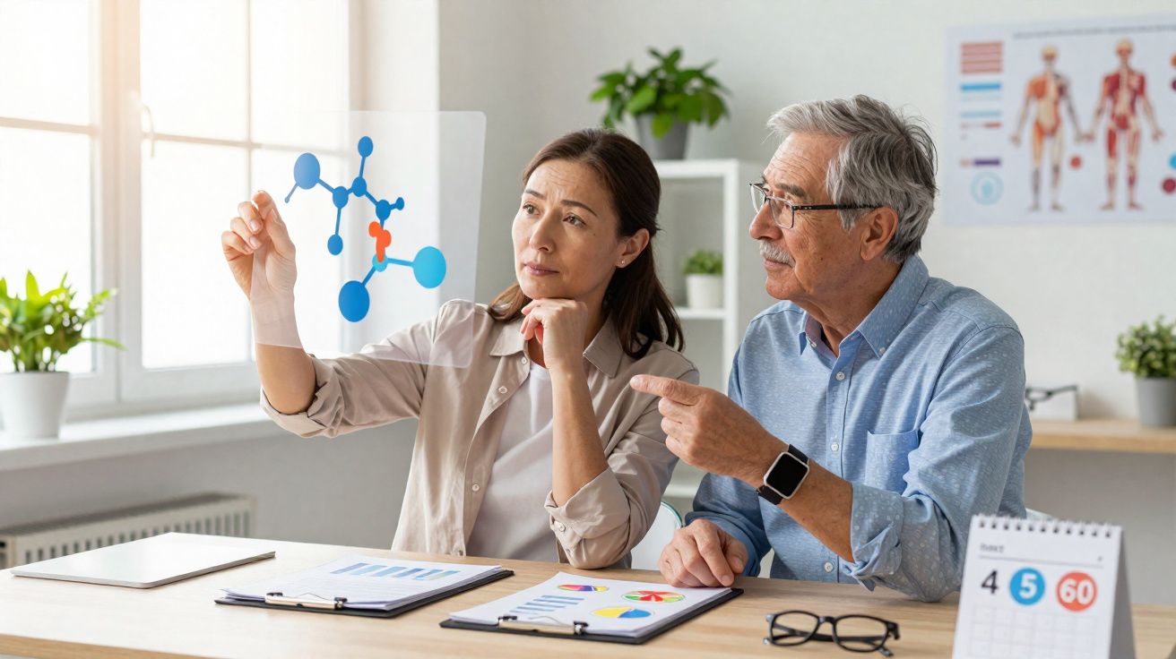 Mulher e homem discutem gráfico molecular em escritório claro com plantas e cartazes anatômicos na parede.