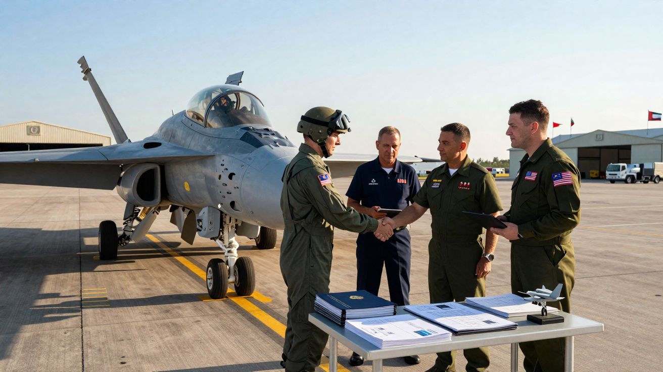 Quatro militares em uniforme próximo a caça F-16 estacionado em pista de aeroporto, entregando certificados.