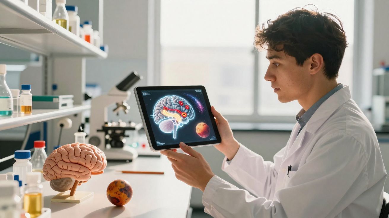 Pesquisador em laboratório analisa imagem digital detalhada do cérebro humano em tablet.