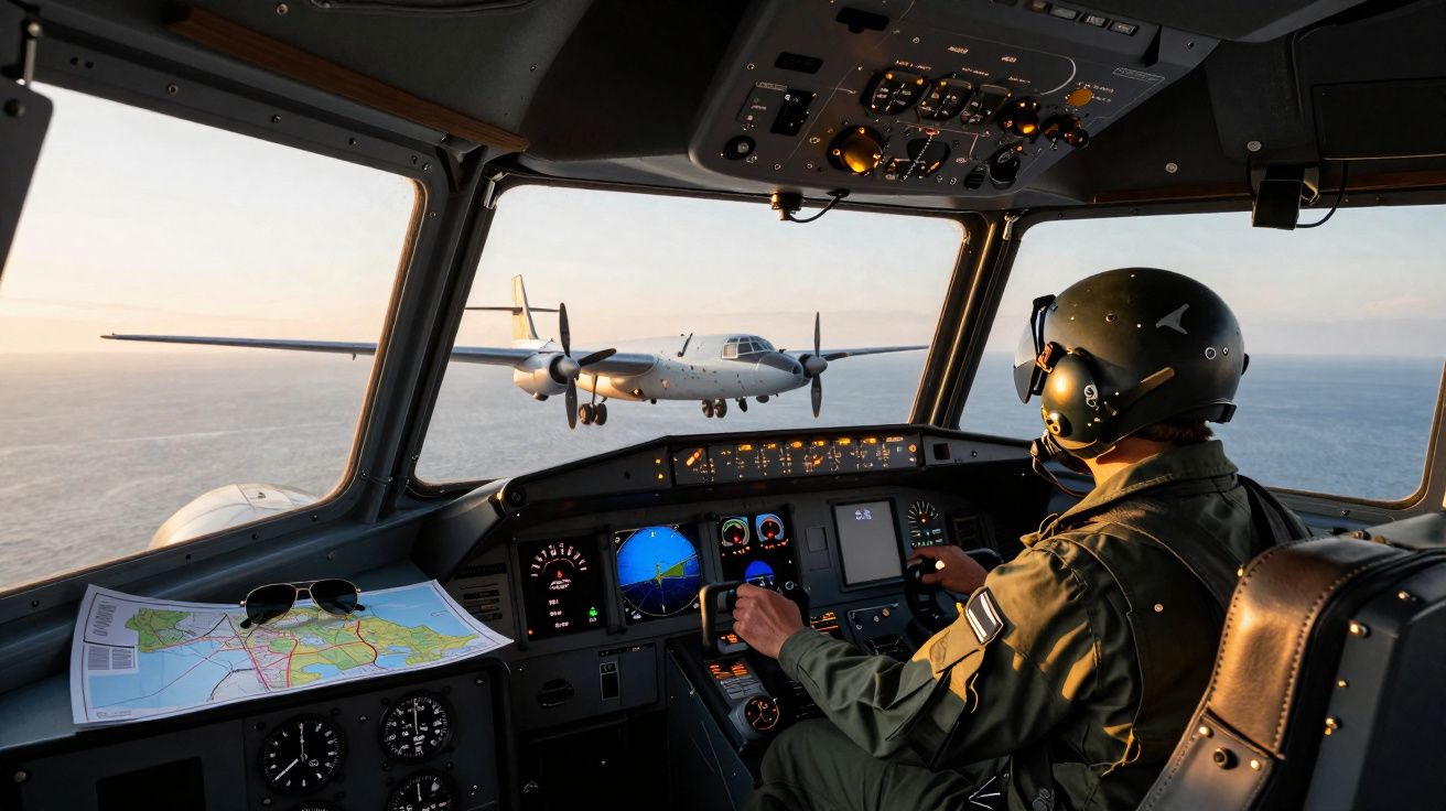 Piloto militar dentro da cabine de comando com um avião voando próximo sobre o oceano.