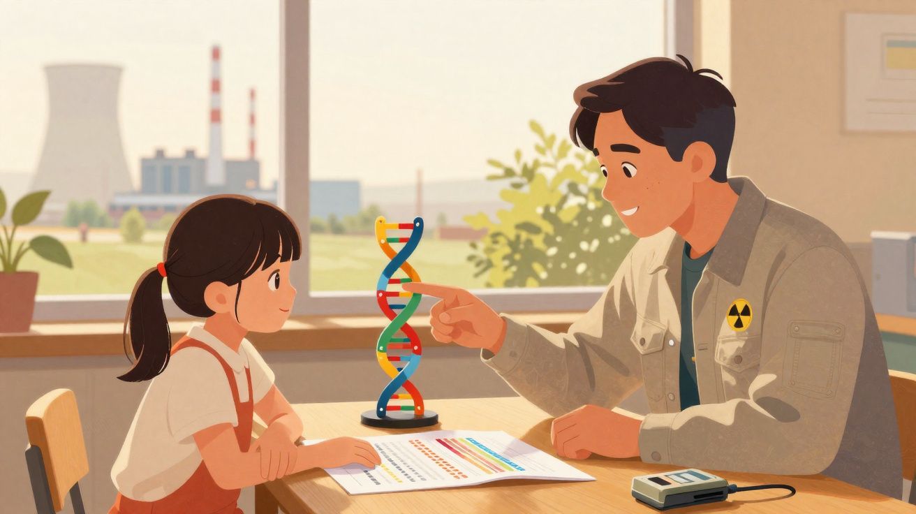 Adulto explica estrutura de DNA para criança em sala com fábrica e elementos nucleares ao fundo.
