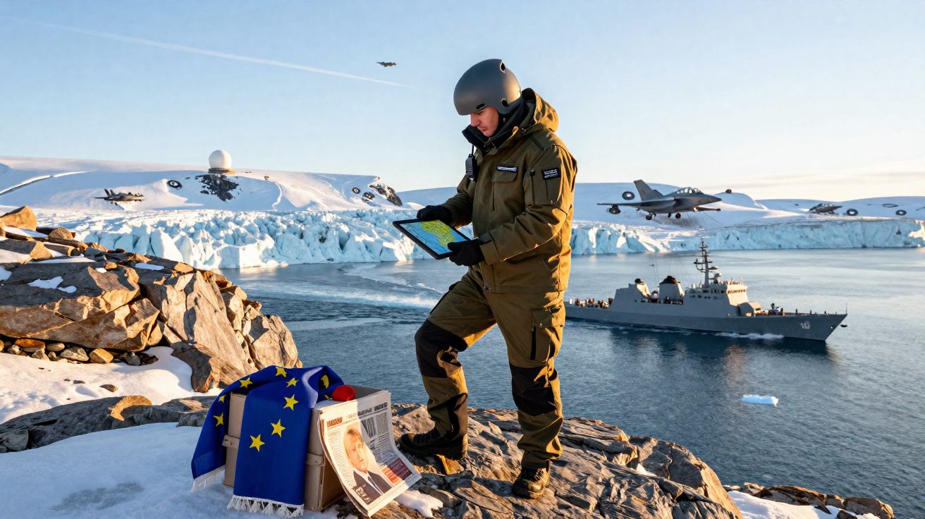 Militar em traje de inverno em penhasco com tablet, navio, aviões e iceberg ao fundo no Ártico.