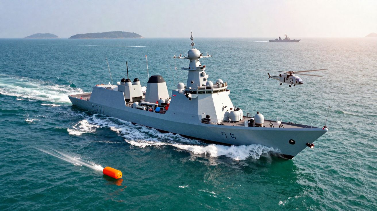 Navio de guerra em alto mar com helicóptero voando ao lado e alvo naval amarelo na água.