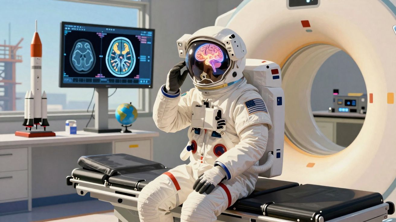 Astronauta sentado em mesa de exame de ressonância magnética com imagens de cérebro ao fundo.