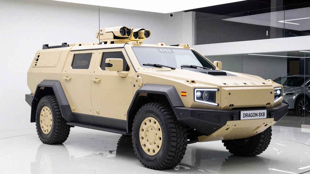 Veículo blindado militar bege, modelo Dragon 8x8, exibido em área interna moderna e iluminada.