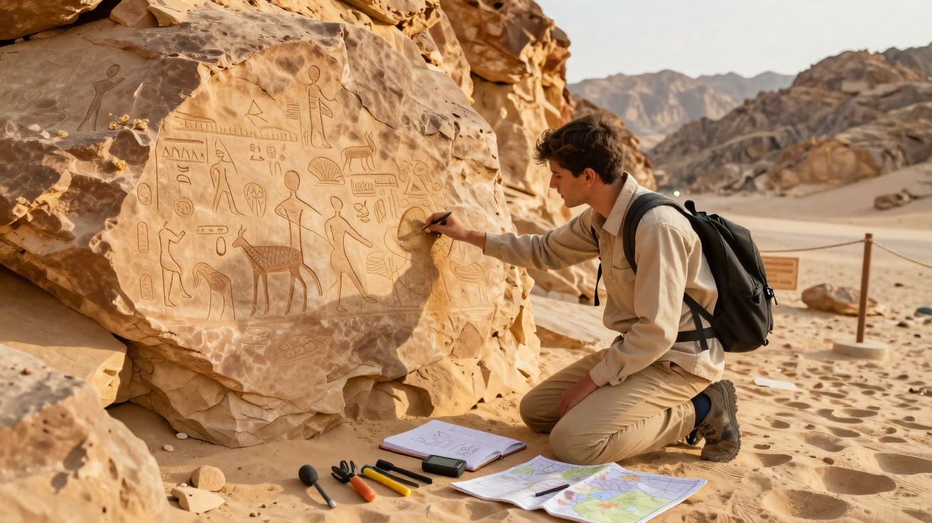 Jovem estuda e desenha inscrições antigas em pedra no deserto com ferramentas e mapas ao redor.