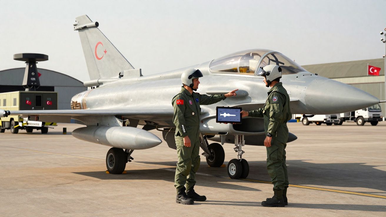Dois pilotos em trajes militares conversam próximo a um caça prateado estacionado em aeroporto militar.