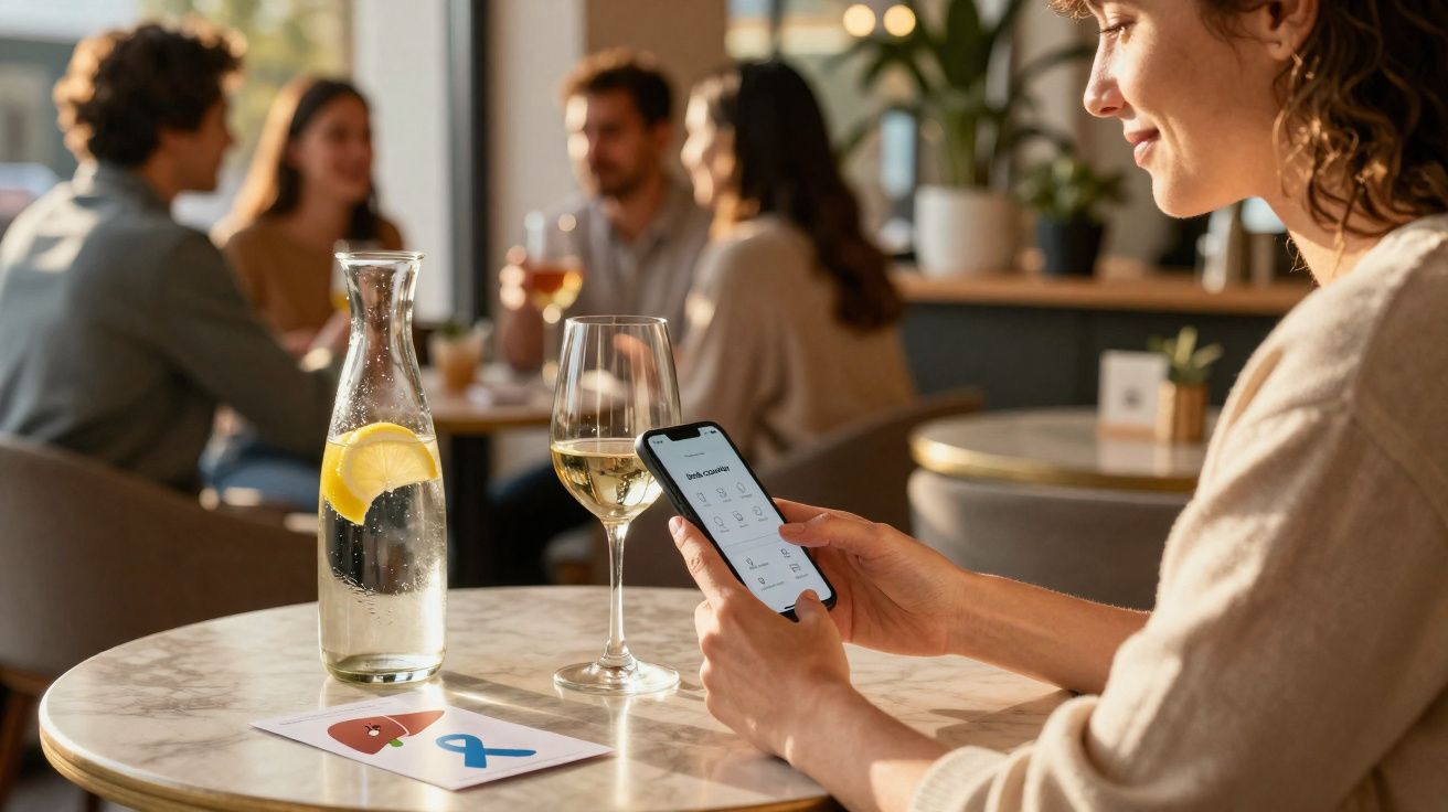 Pessoa usando smartphone em mesa com jarra e taça de vinho, grupo conversando ao fundo em ambiente iluminado.