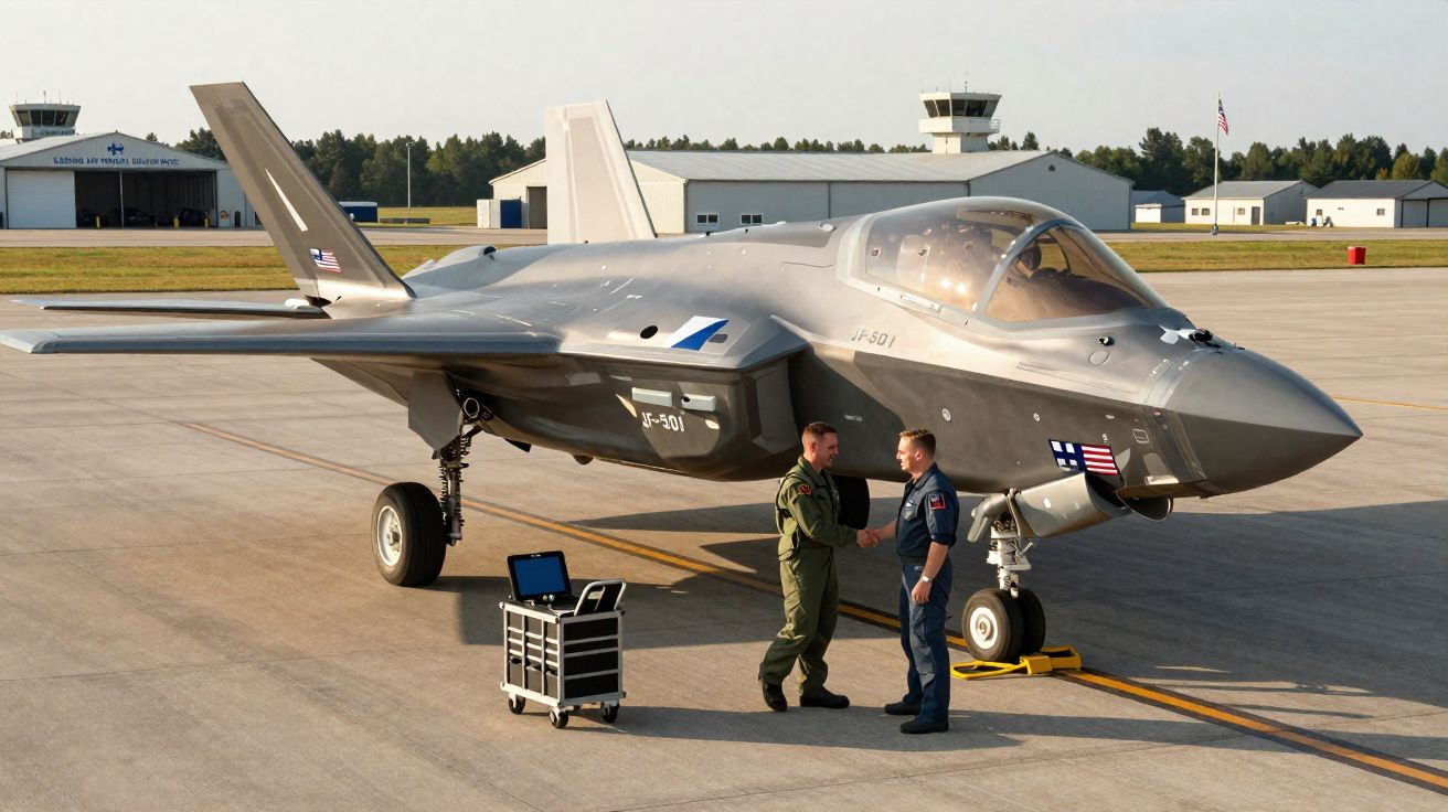 Avião militar F-35 estacionado em pista, dois homens em uniforme apertando as mãos ao lado do veículo.