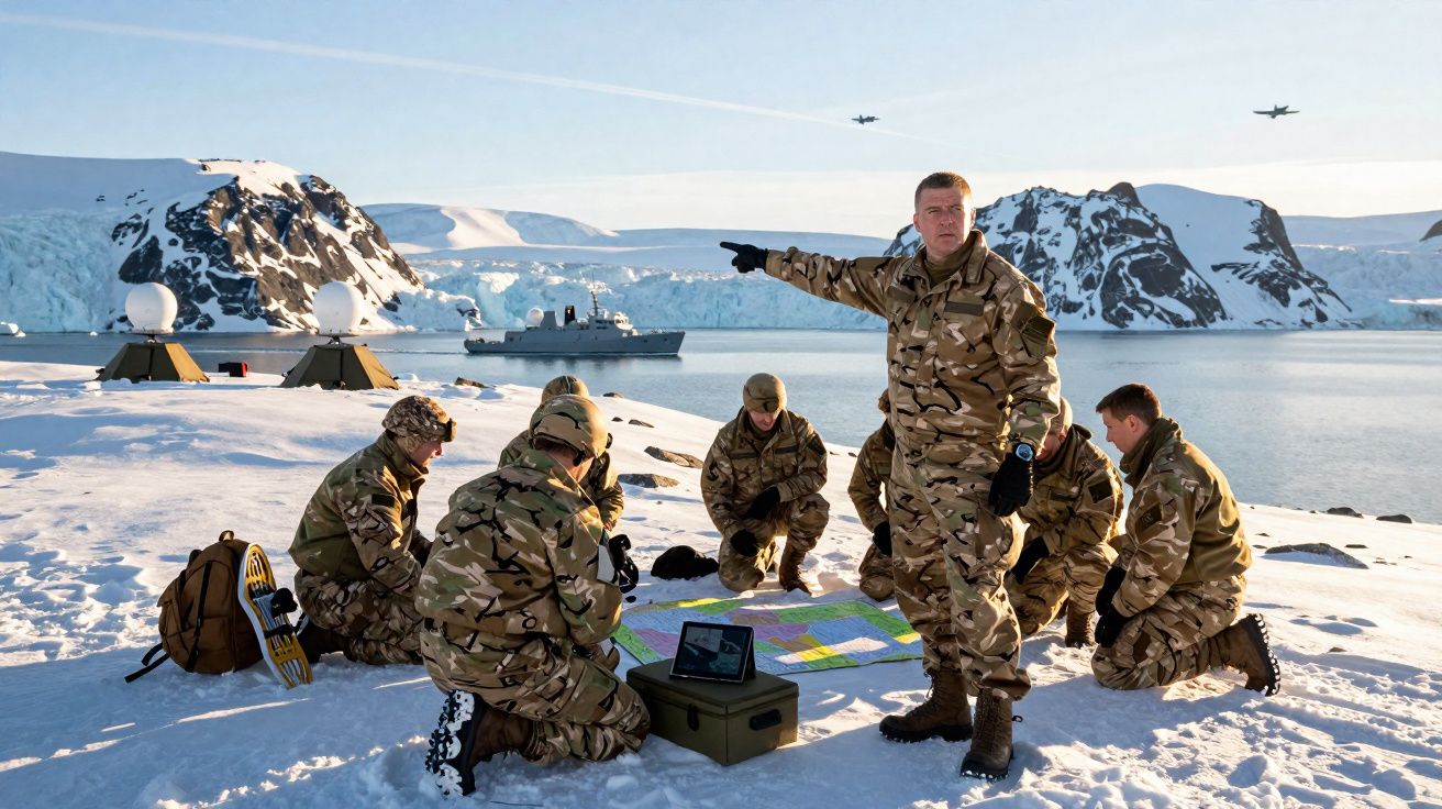 Soldados em uniforme camuflado reunidos na neve com mapa, navio e aviões ao fundo em região gelada.