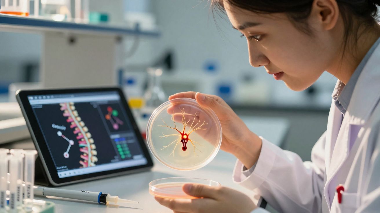 Pesquisadora em laboratório segurando placa de petri com modelo de neurônio, computador com imagem de coluna vertebral ao fun