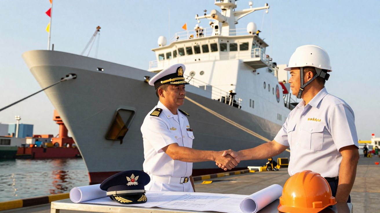 Dois homens em uniforme naval e capacete apertam as mãos em frente a um navio atracado no porto.