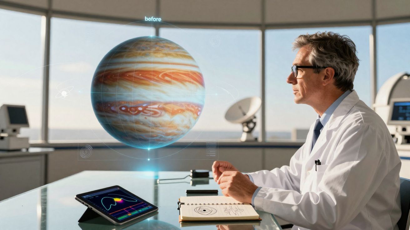 Cientista em laboratório observa projeção holográfica do planeta Júpiter enquanto analisa dados em tablet.