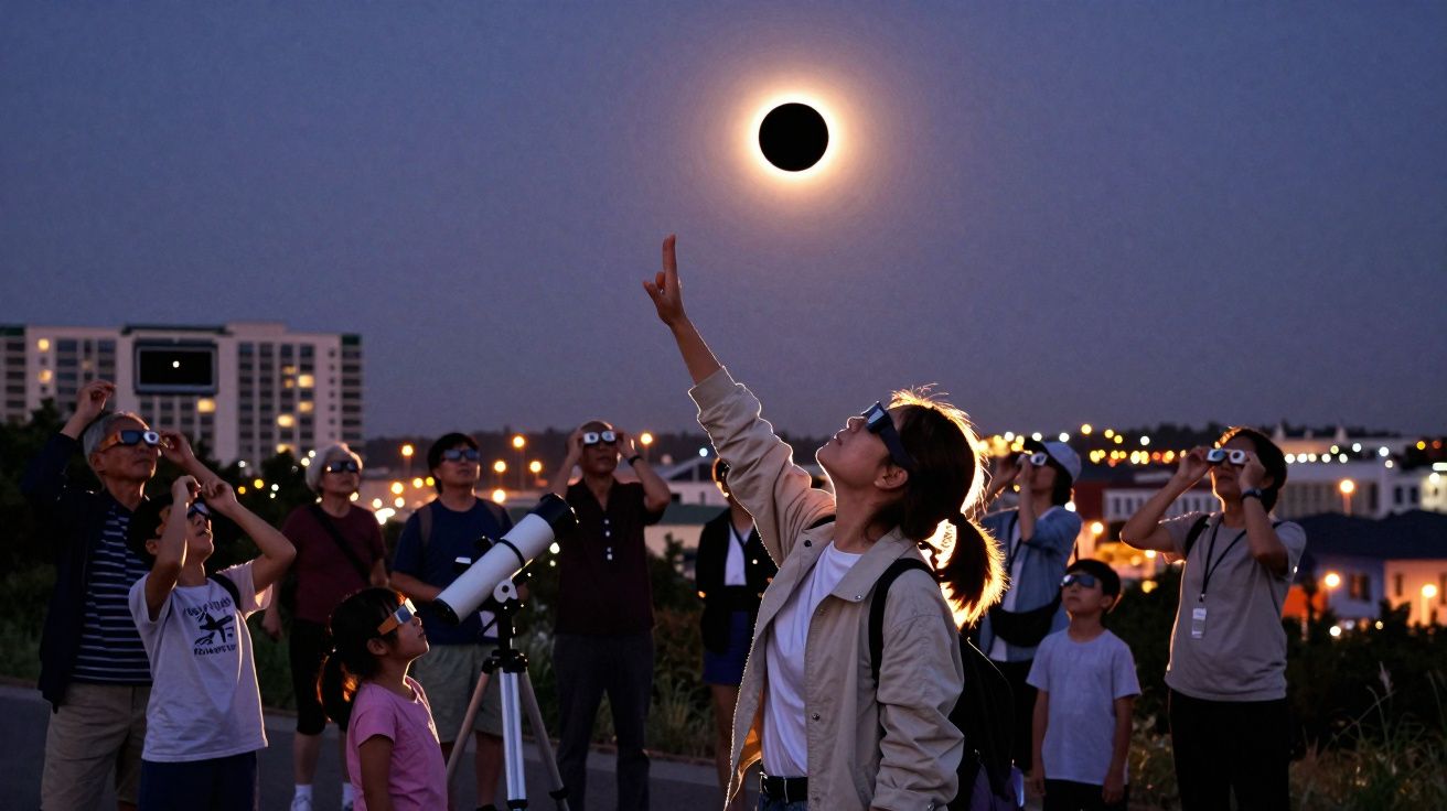 Grupo de pessoas observando eclipse solar total com óculos especiais ao anoitecer numa cidade.