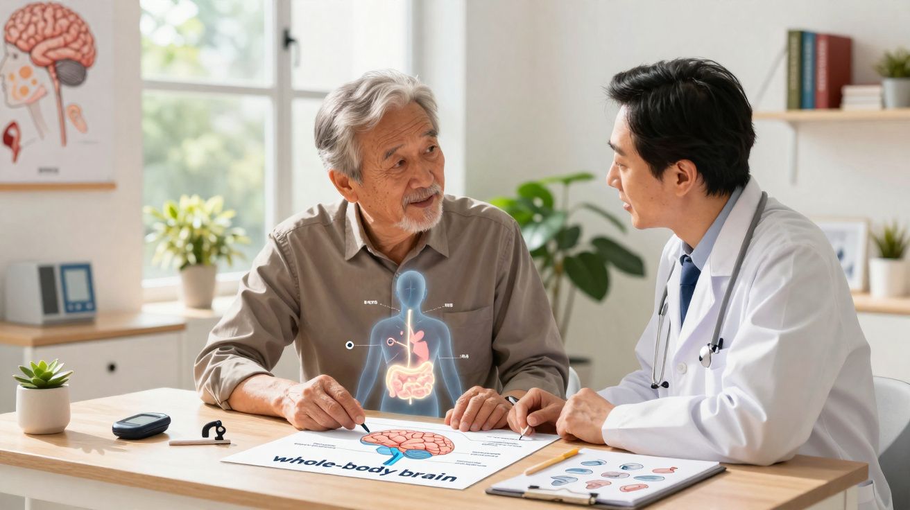 Homem idoso discutindo saúde digestiva com médico durante consulta em ambiente clínico iluminado.
