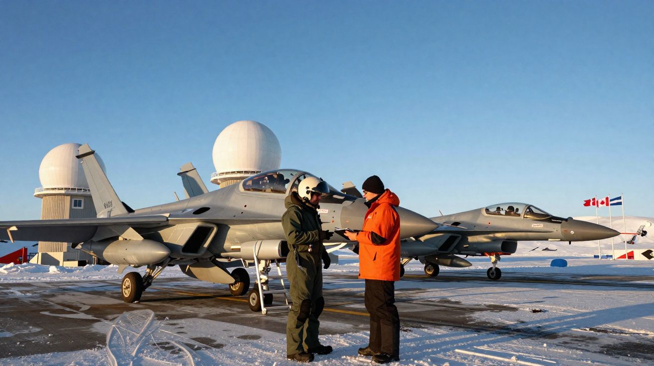 Dois homens conversam na frente de dois caças militares em pista coberta de neve com prédios e céu azul ao fundo.
