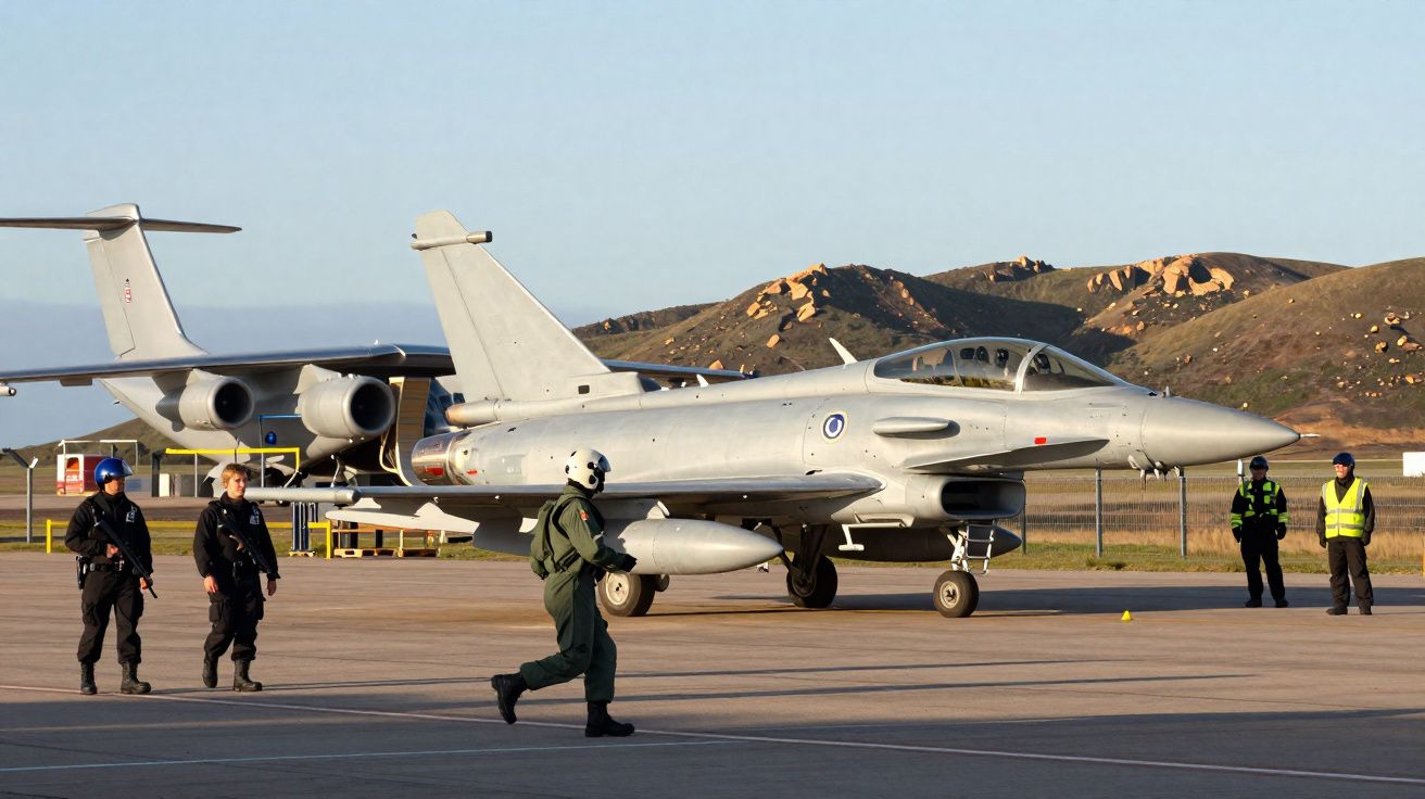 Caça militar cinza estacionado com militares e equipe de chão ao redor em pista aérea.