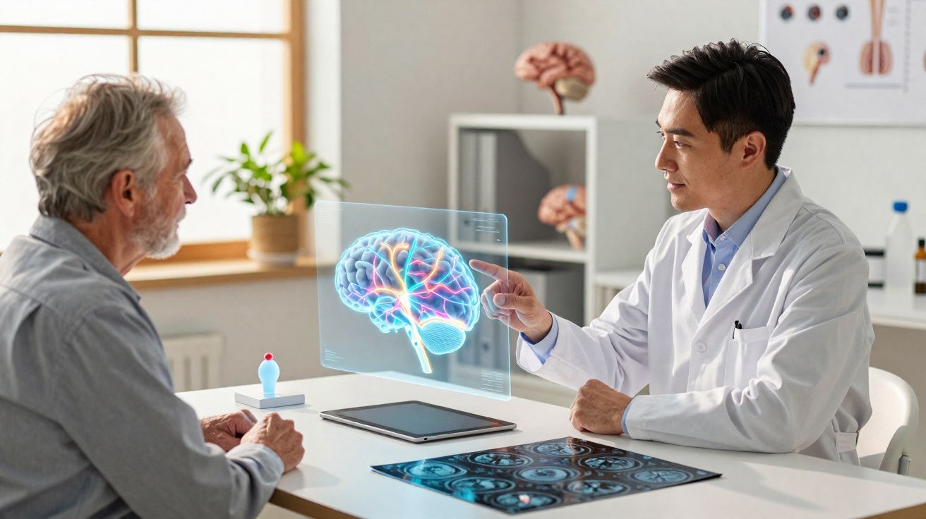 Médico neurologista explicando exame cerebral com imagem holográfica para paciente idoso em consultório.