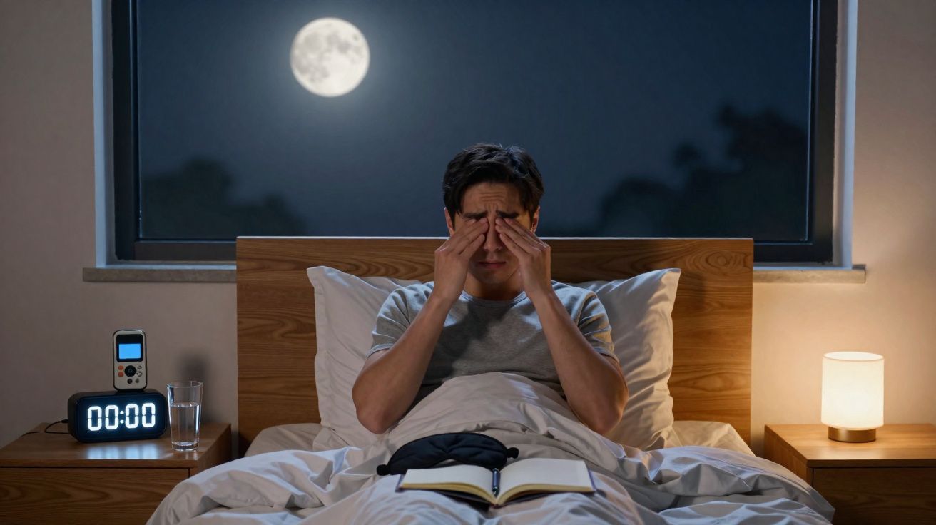Homem acordado na cama à noite, com mãos nos olhos, relógio marcando meia-noite e lua cheia no céu.