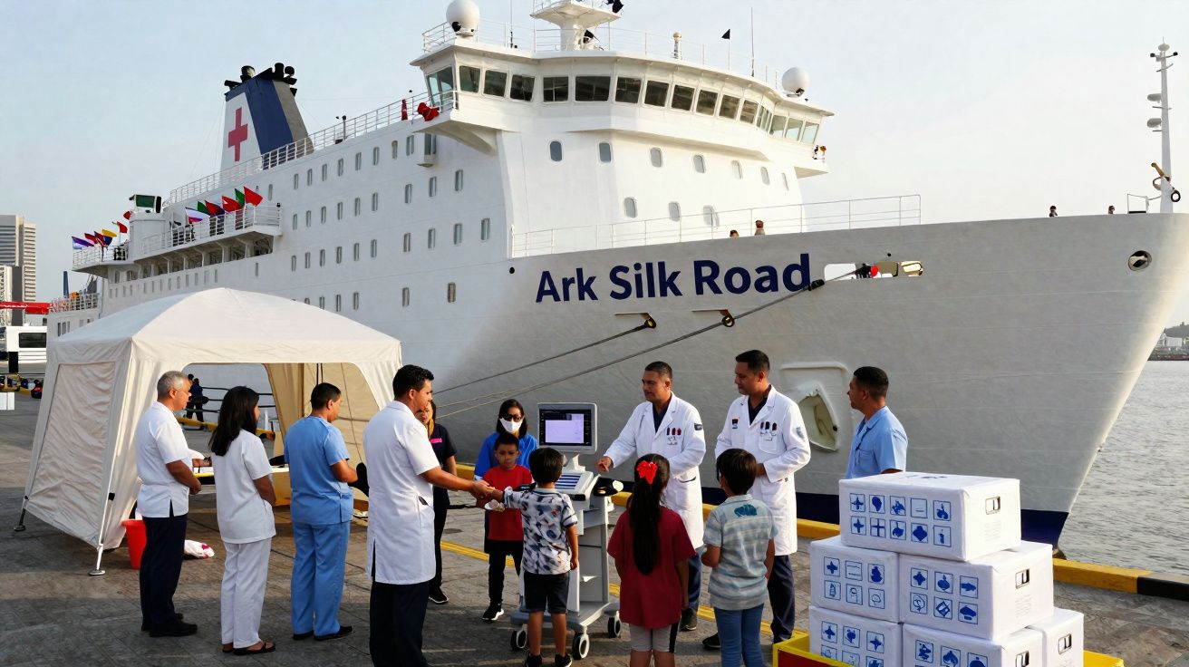 Equipe médica atende crianças em frente ao navio hospital Ark Silk Road no porto.