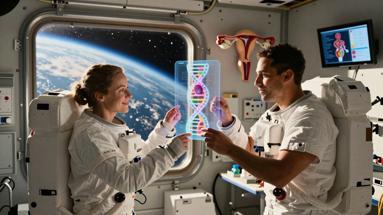 Dois astronautas analisando uma representação holográfica de uma molécula de DNA dentro de uma espaçonave.