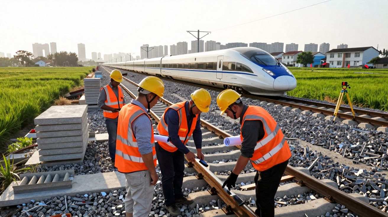 Engenheiros com capacetes e coletes laranja inspecionam trilhos de trem com trem de alta velocidade ao fundo.