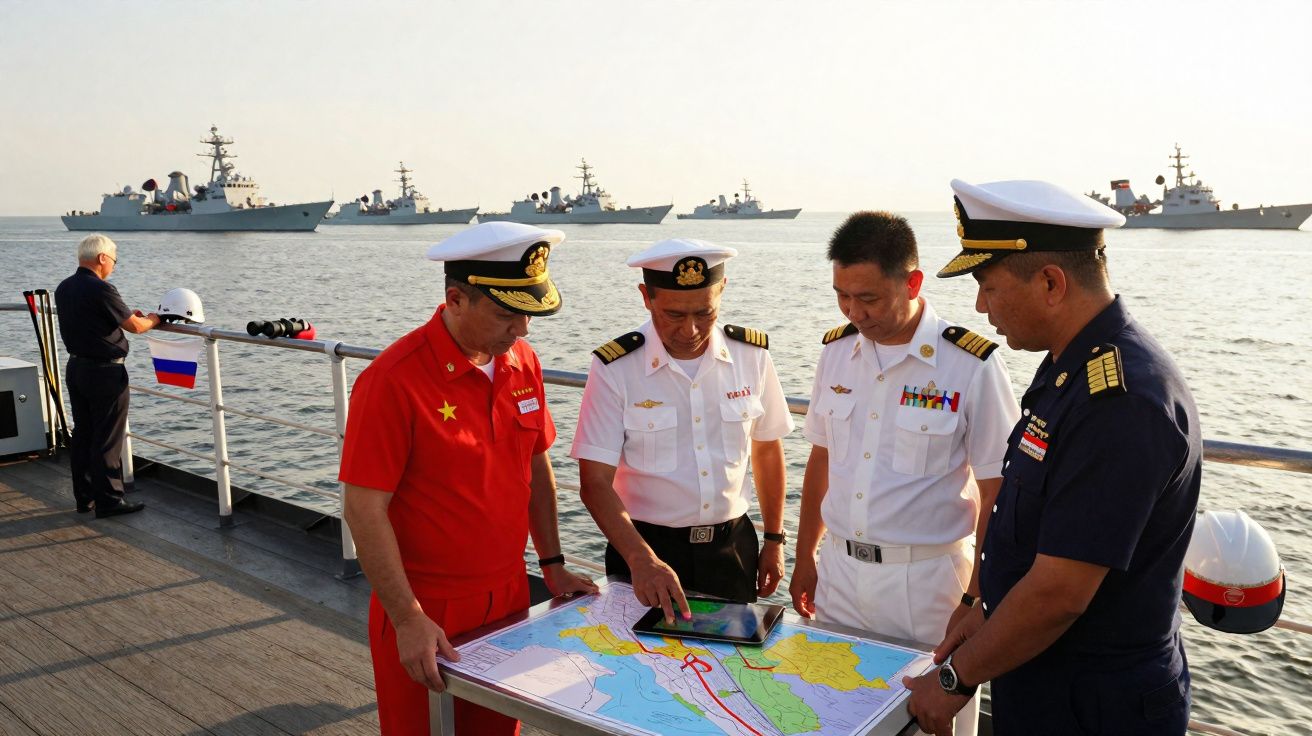 Quatro oficiais navais de frotas asiáticas analisando mapa sobre convés de navio com navios militares ao fundo.