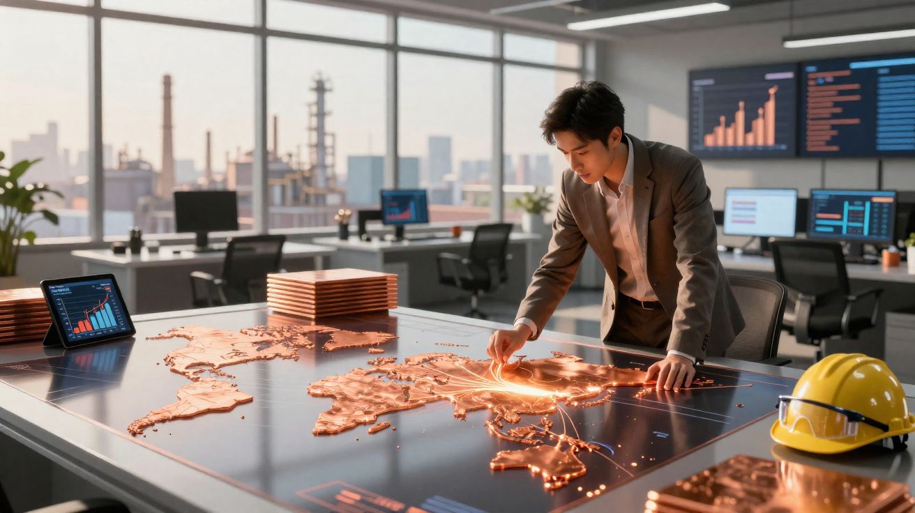 Homem em escritório moderno analisa mapa digital iluminado com gráficos e dados ao redor.