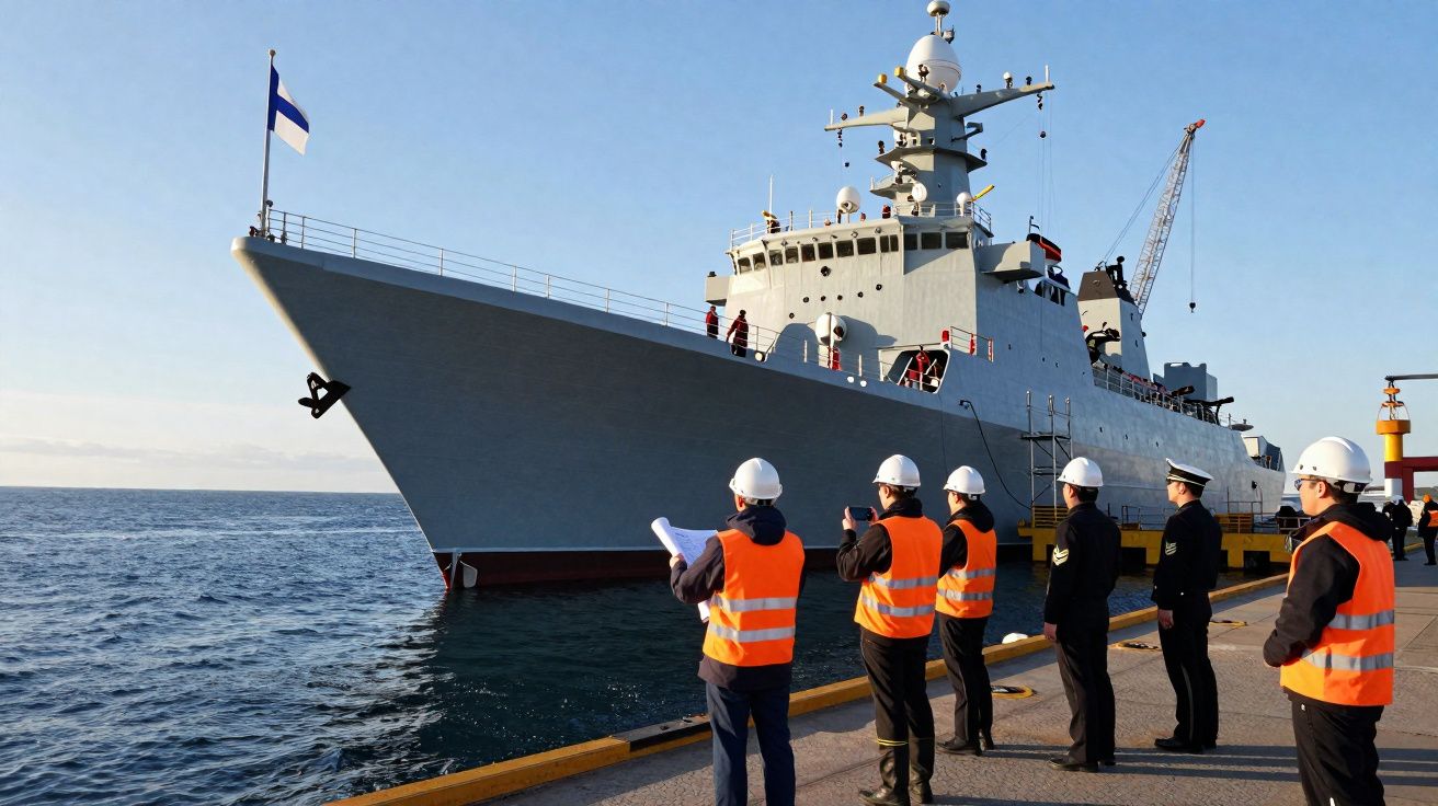 Homens com coletes laranja e capacetes observam navio militar ancorado em porto sob céu azul.