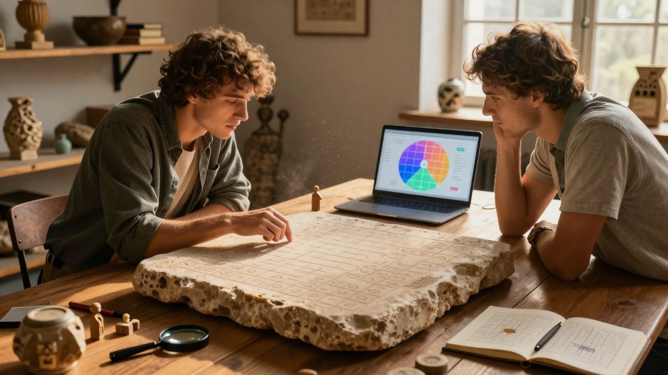 Dois homens jovens analisam um grande bloco de pedra com símbolos, ao lado de um laptop e caderno em mesa de madeira.