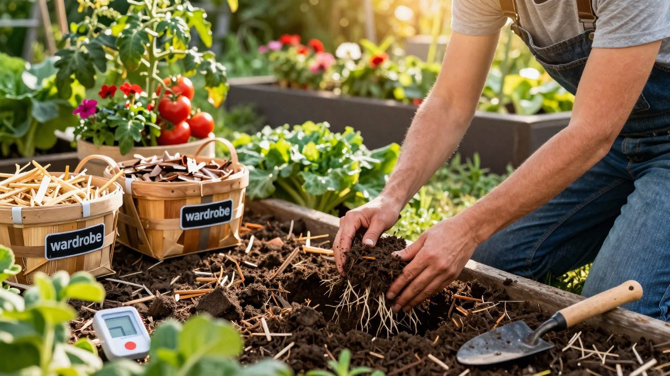 Pessoa mexendo na terra de uma horta caseira com plantas, tomates e ferramentas ao redor.