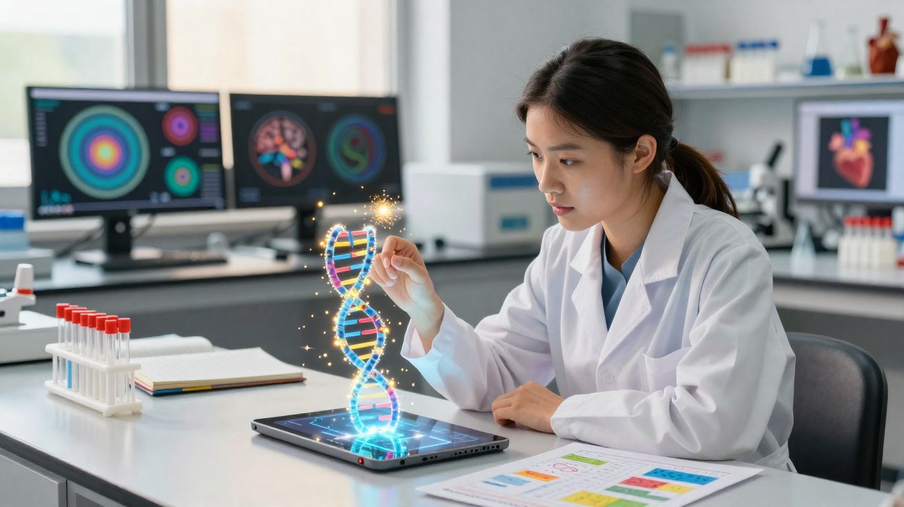 Cientista analisando holograma de DNA em tablet em laboratório moderno com tubos de ensaio e monitores.