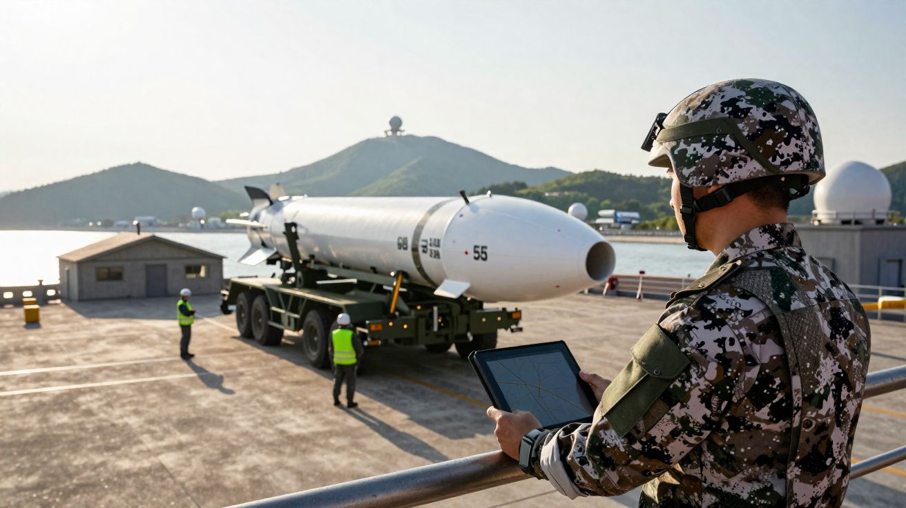 Soldado em uniforme camuflado com tablet observa míssil carregado em veículo militar próximo ao mar.