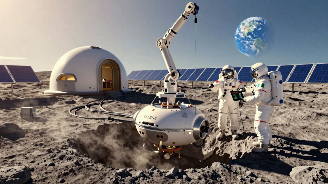 Dois astronautas operam equipamento robótico em base lunar com painéis solares e a Terra ao fundo.