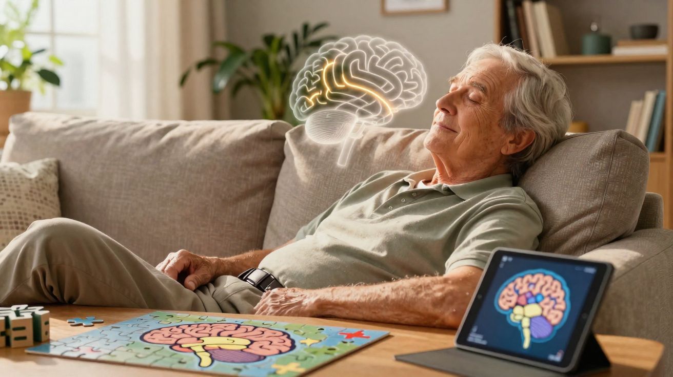 Idoso relaxando no sofá com quebra-cabeça e tablet exibindo cérebro, simbolizando saúde mental.