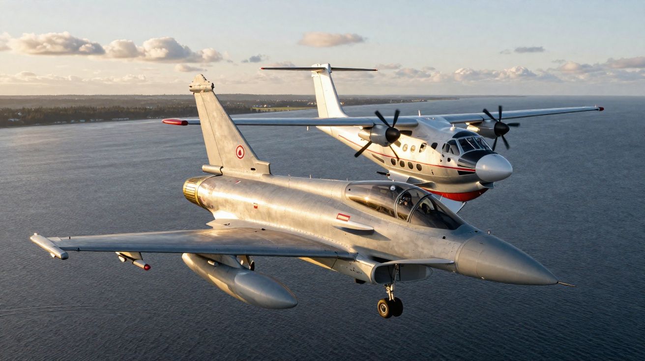 Dois aviões sobrevoam corpo d'água ao pôr do sol, um jato de caça cinza e um turboélice branco.