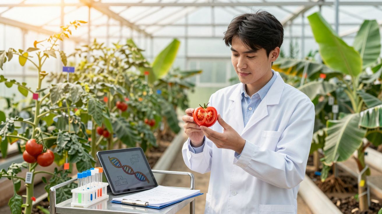 Cientista agrícola em estufa segurando tomate cortado, analisando geneticamente plantas de tomate.