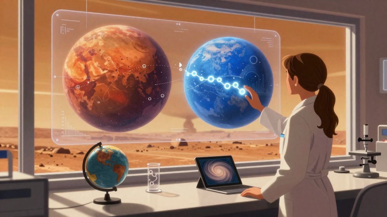 Cientista em laboratório futurista analisa hologramas de Marte e Terra com gráficos digitais.